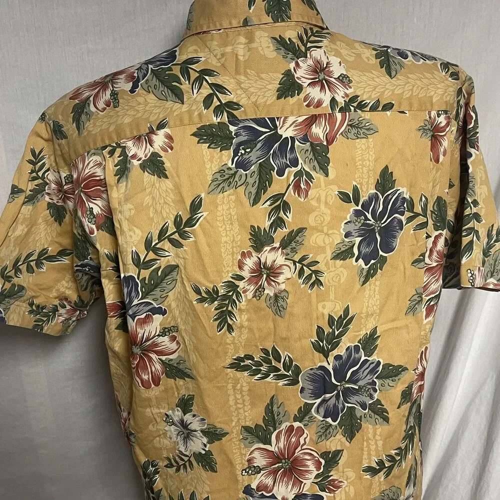 An Original by Tommy Hilfiger Mens Mustard Hawaiian Shirt Floral Hibiscus Large